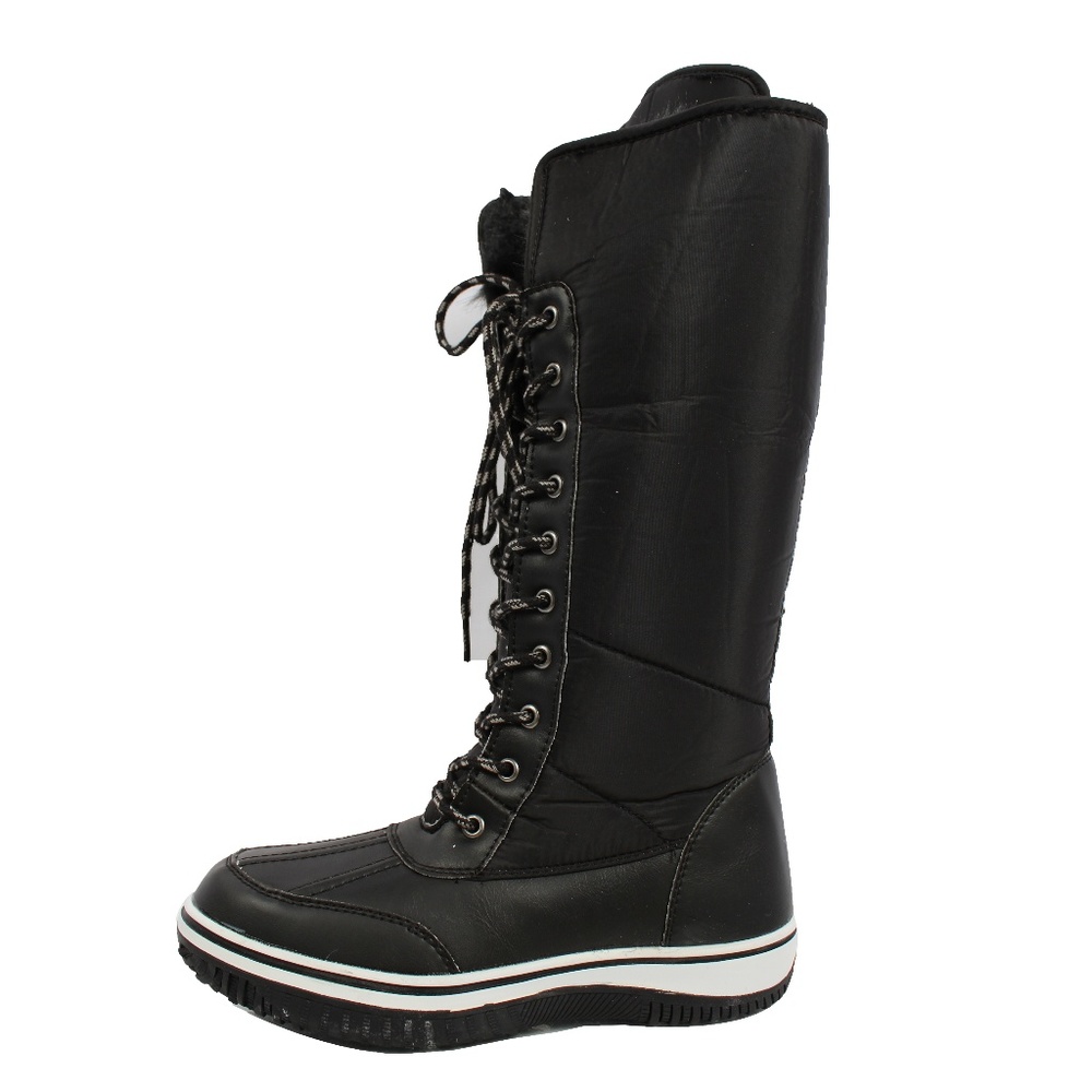 Black Nylon Lace Up Faux Fur Cuff Winter Snow Boot - Picture 3 of 8